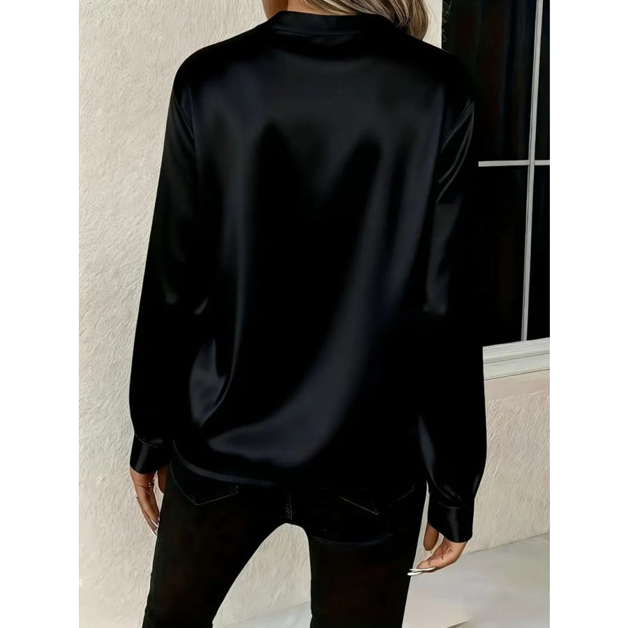 Satin Notched Long Sleeve Blouse Apparel and Accessories