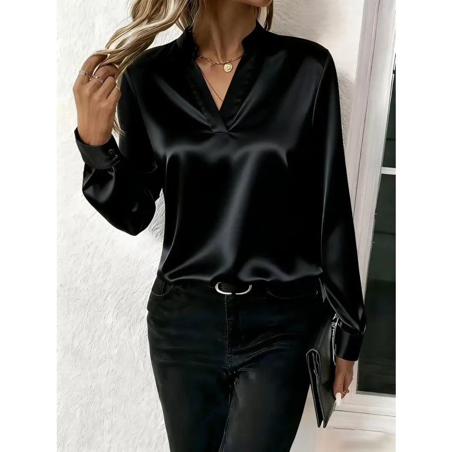 Satin Notched Long Sleeve Blouse Apparel and Accessories