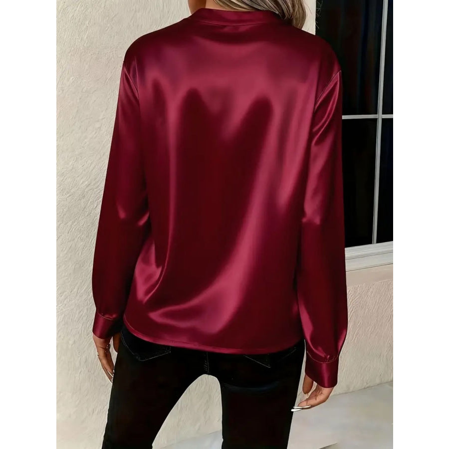 Satin Notched Long Sleeve Blouse Apparel and Accessories