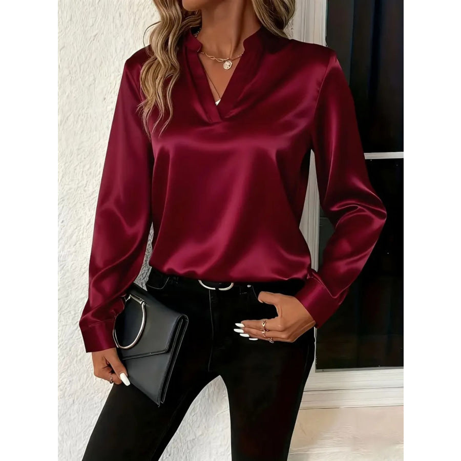 Satin Notched Long Sleeve Blouse Burgundy / S Apparel and Accessories