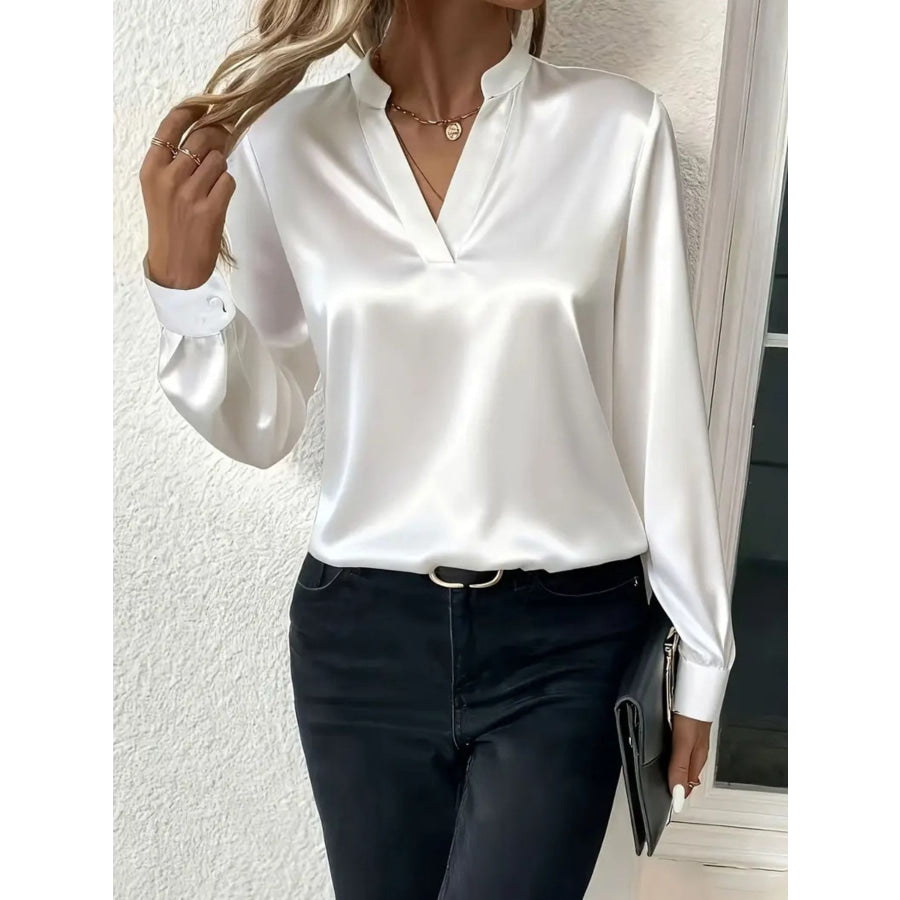 Satin Notched Long Sleeve Blouse White / S Apparel and Accessories
