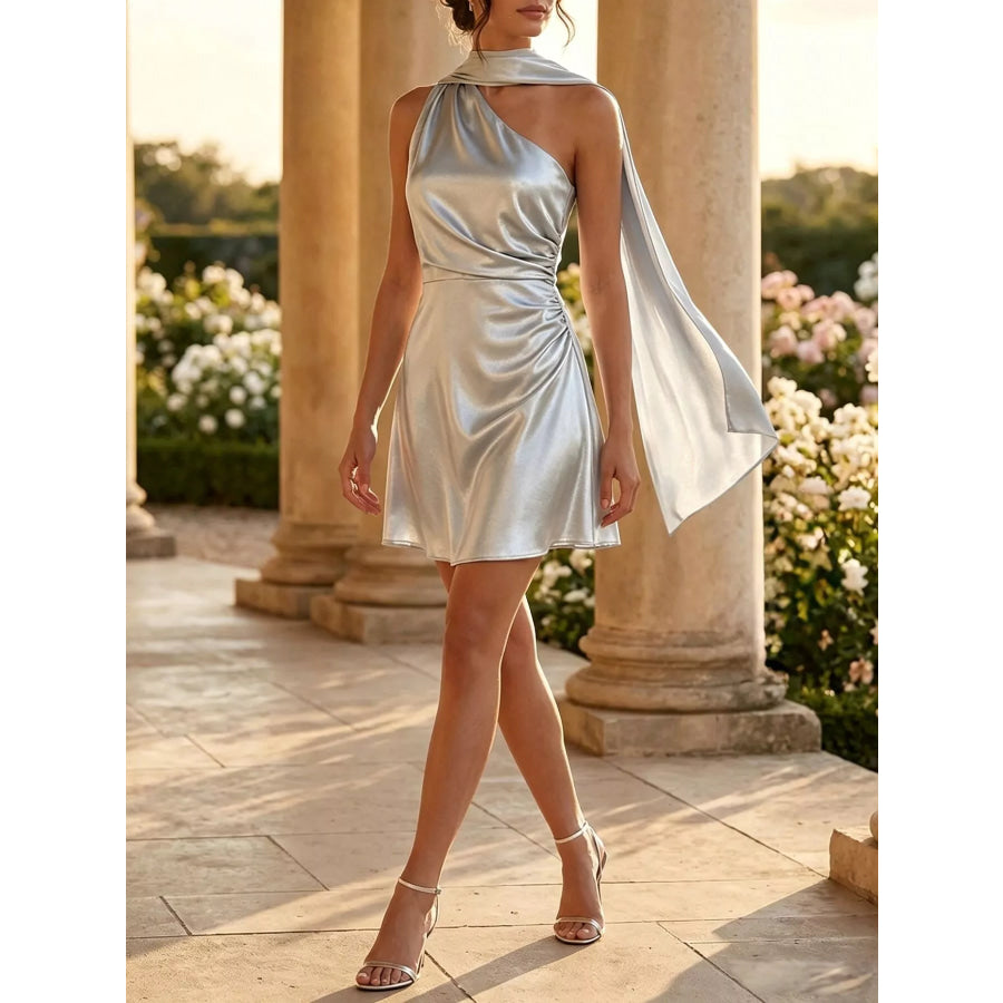 Satin One-Shoulder Mini Dress with Draped Detail Silver / S Apparel and Accessories