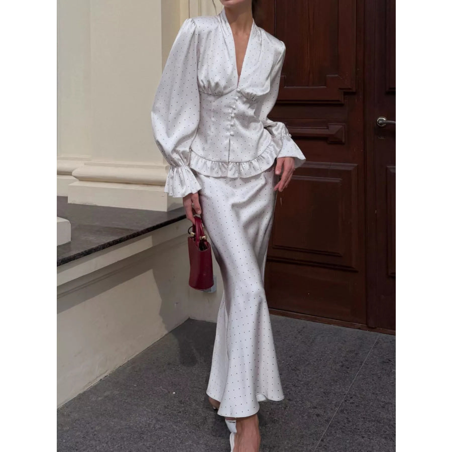 Satin Polka Dot Top and Skirt Set White / S Apparel and Accessories