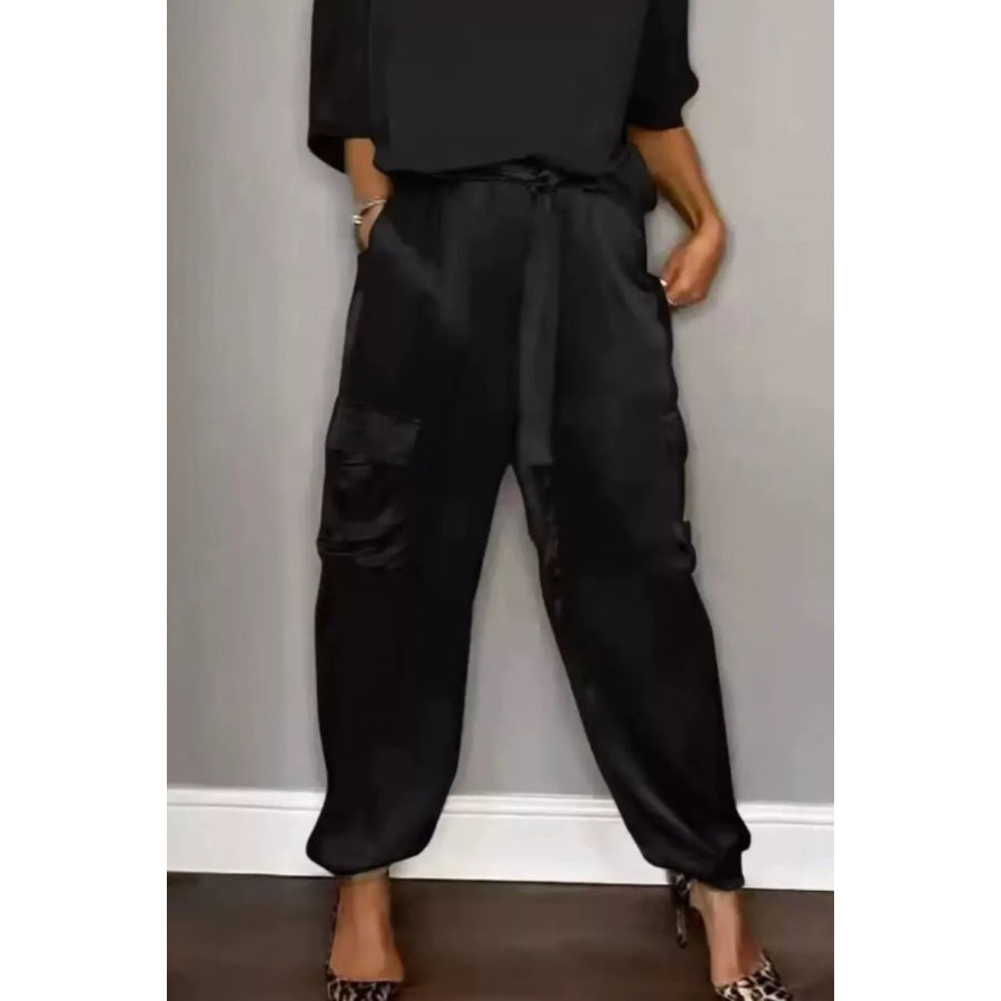 Satin Round Neck Top and Pants Set Apparel and Accessories