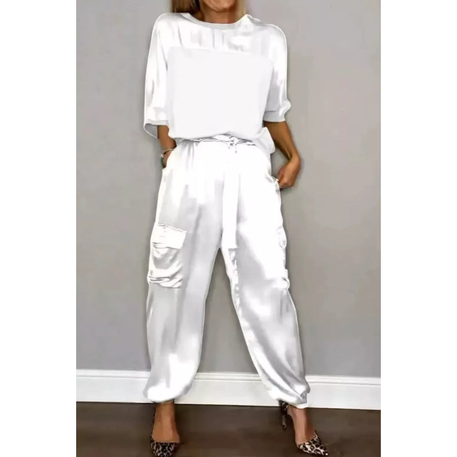 Satin Round Neck Top and Pants Set Apparel and Accessories