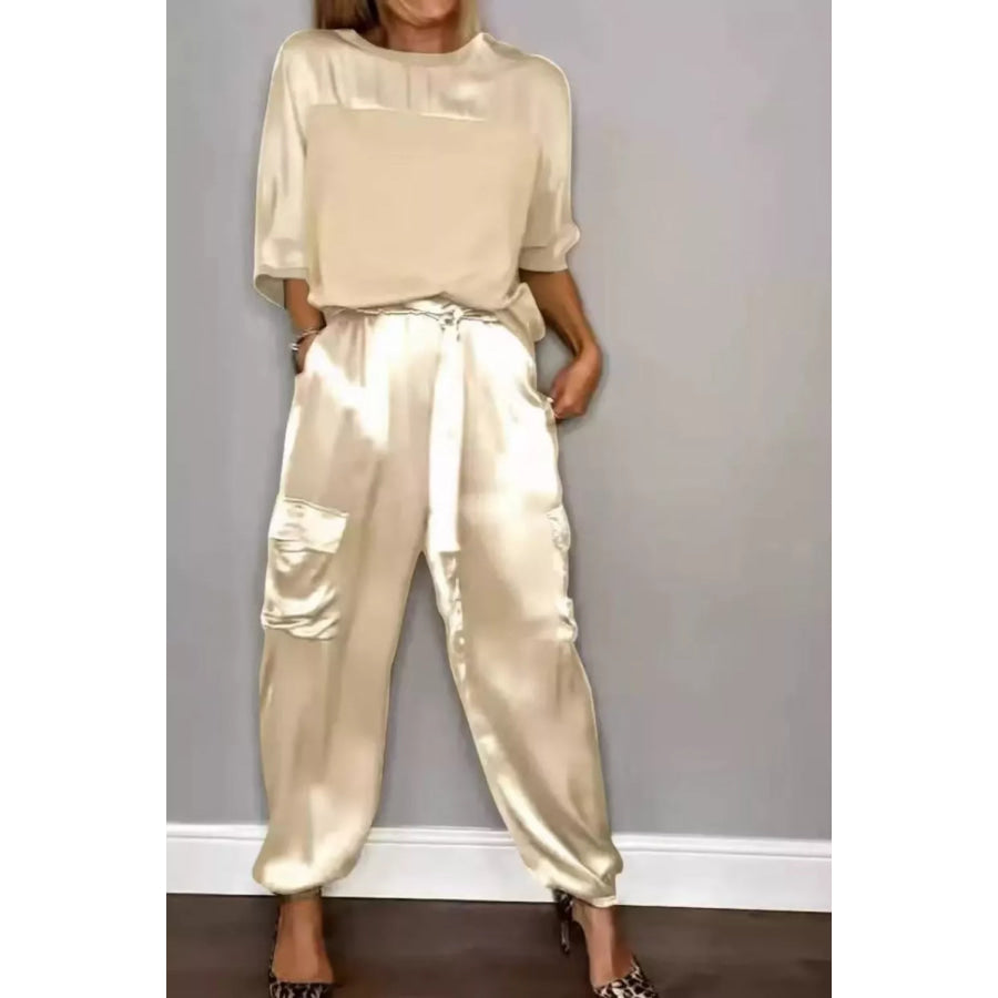 Satin Round Neck Top and Pants Set Apparel and Accessories
