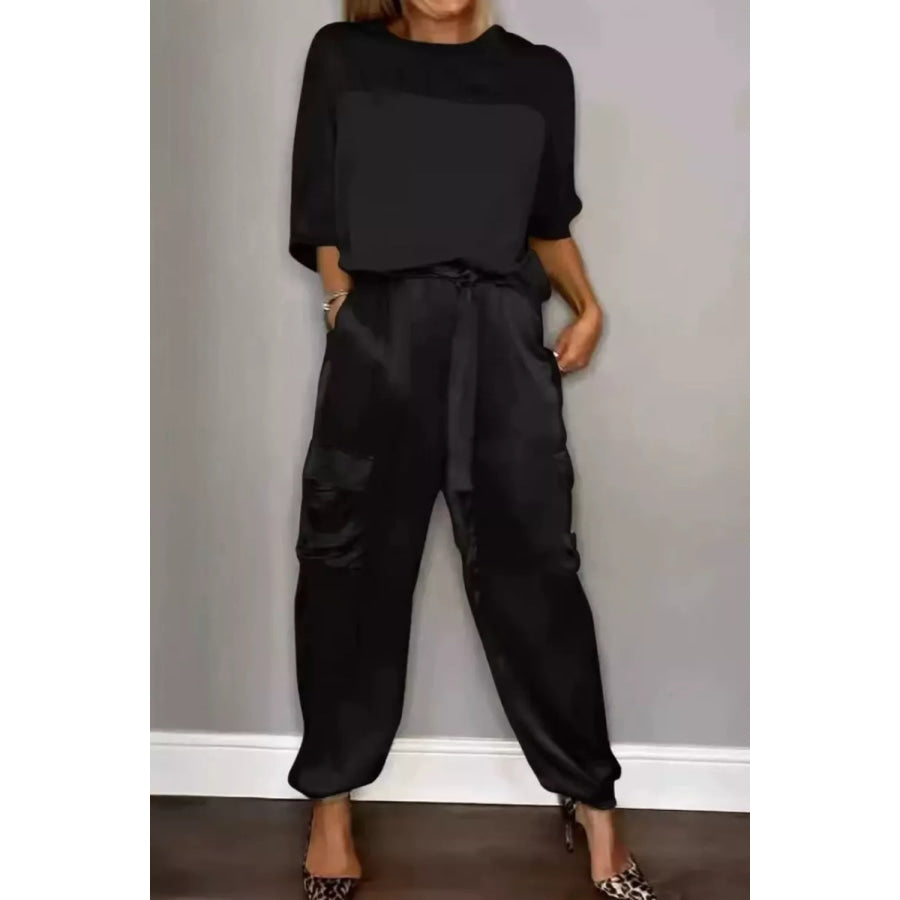 Satin Round Neck Top and Pants Set Apparel and Accessories