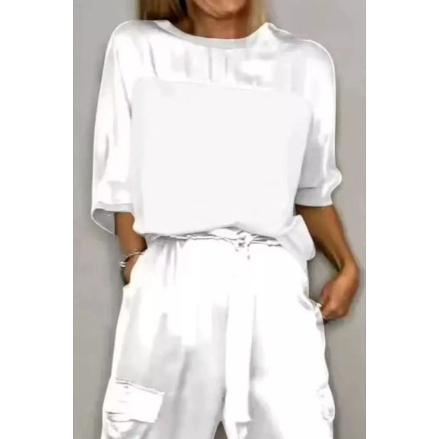 Satin Round Neck Top and Pants Set Apparel and Accessories
