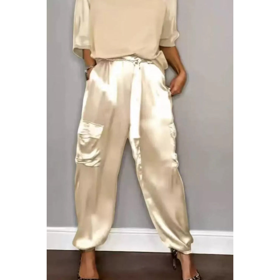Satin Round Neck Top and Pants Set Apparel and Accessories