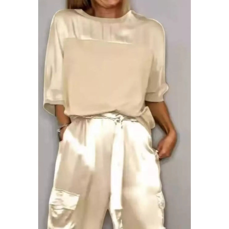 Satin Round Neck Top and Pants Set Beige / S Apparel and Accessories