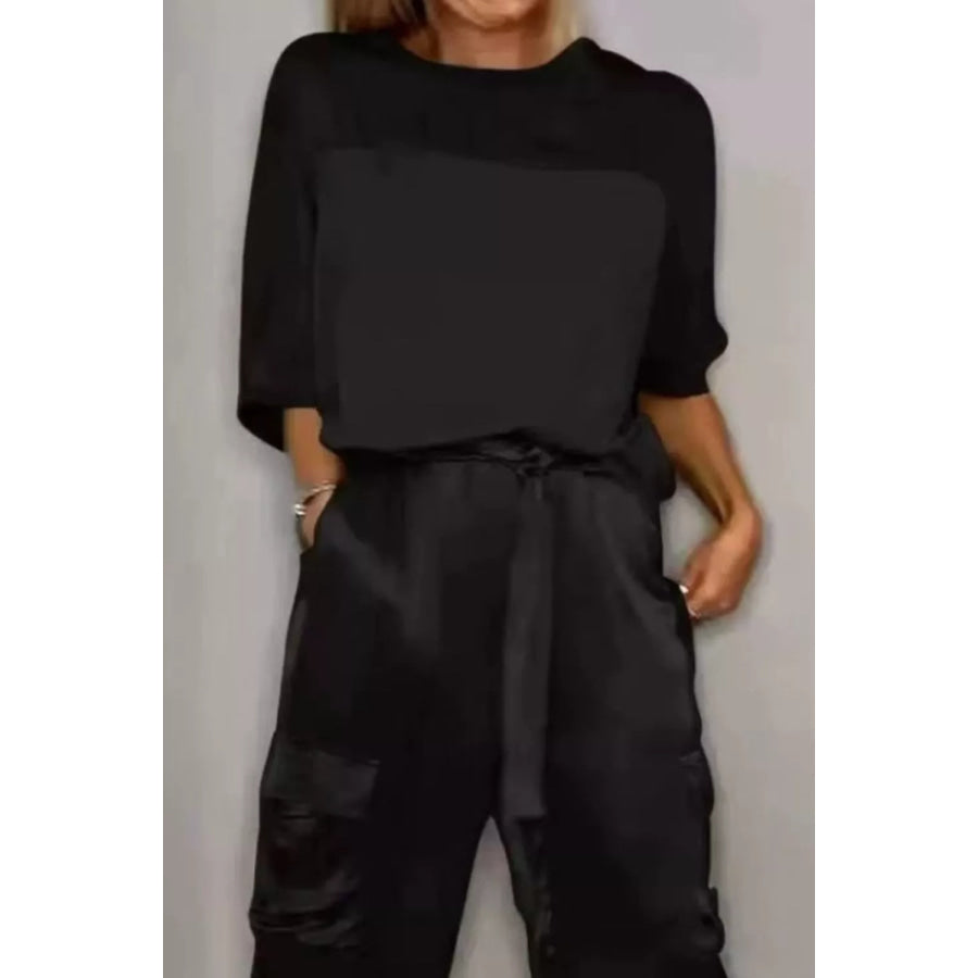Satin Round Neck Top and Pants Set Black / S Apparel and Accessories