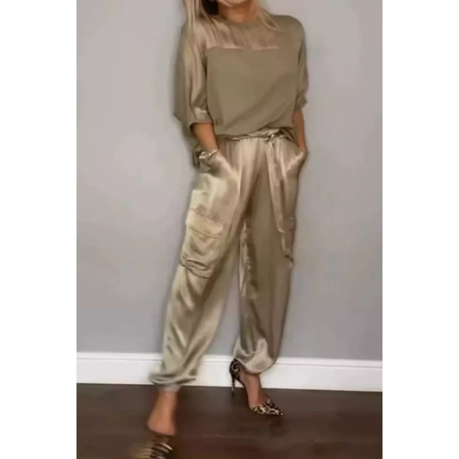Satin Round Neck Top and Pants Set Mocha / S Apparel and Accessories