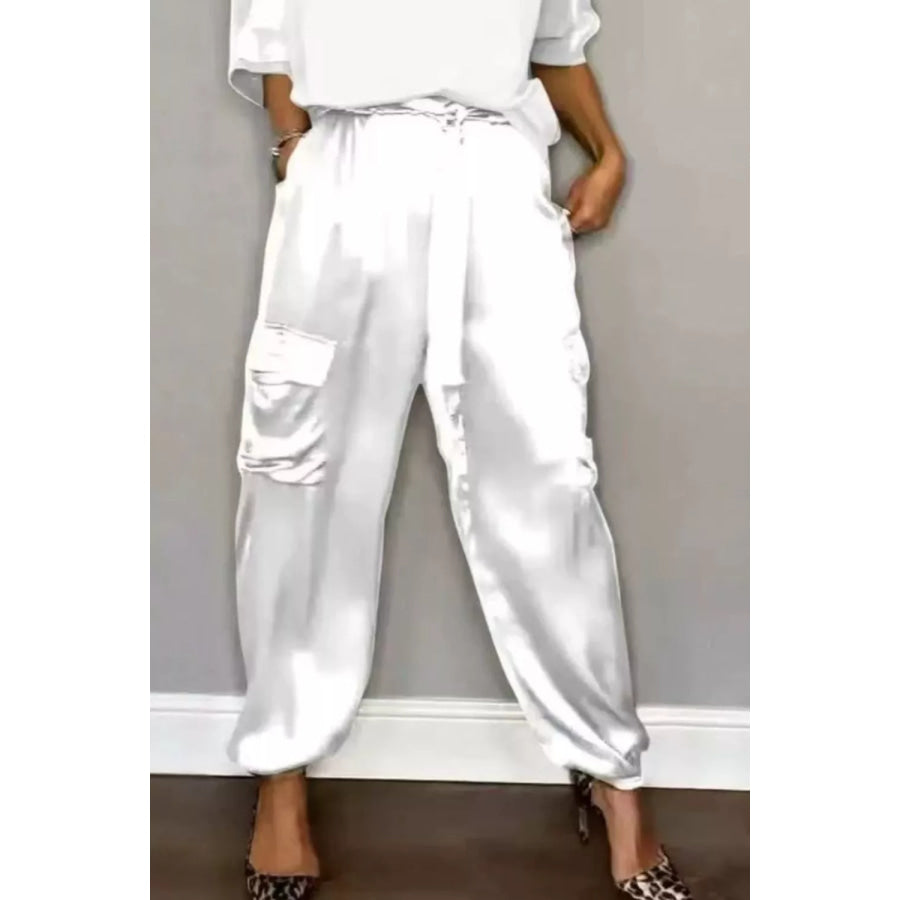 Satin Round Neck Top and Pants Set White / S Apparel and Accessories