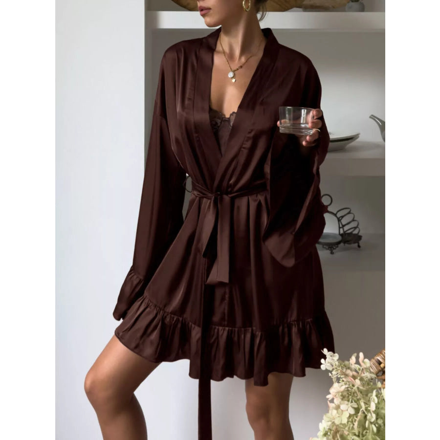 Satin Ruffle-Trim Lounge Nightgown Robe Apparel and Accessories