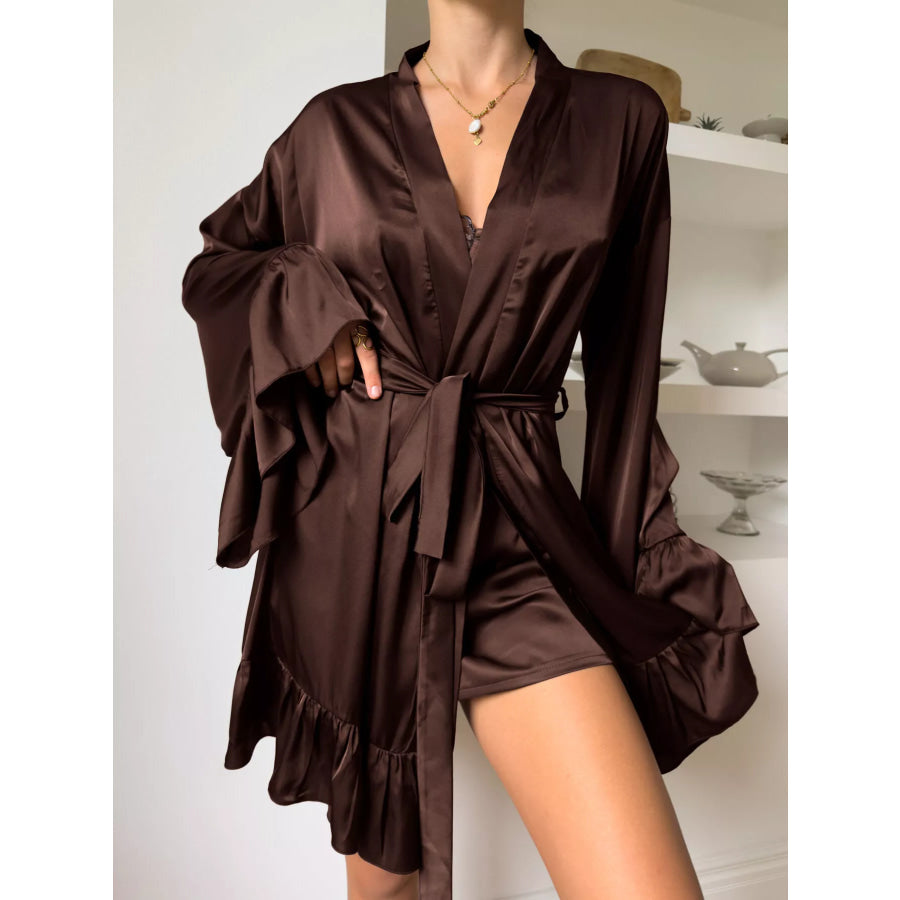 Satin Ruffle-Trim Lounge Nightgown Robe Dark Brown / S Apparel and Accessories