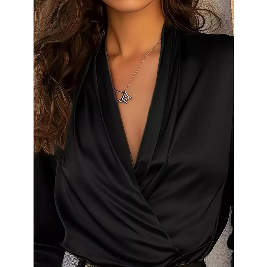 Satin Surplice Long Sleeve Blouse Apparel and Accessories