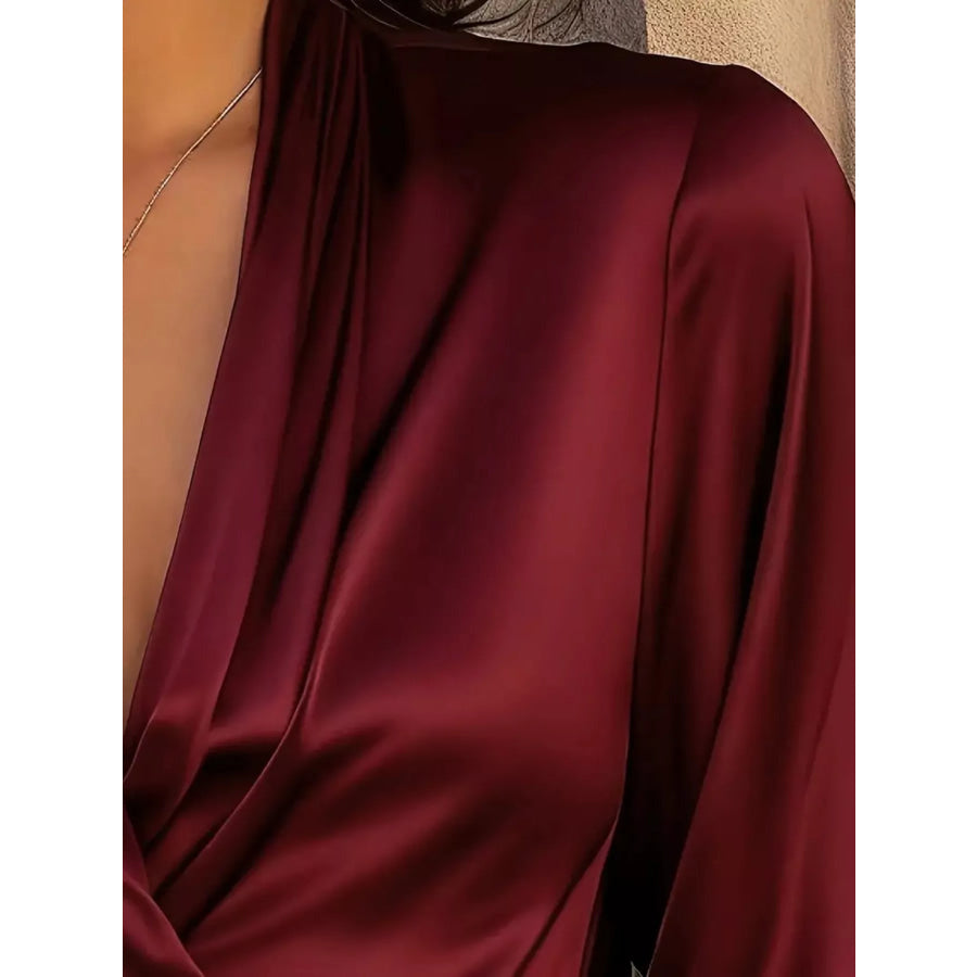 Satin Surplice Long Sleeve Blouse Apparel and Accessories