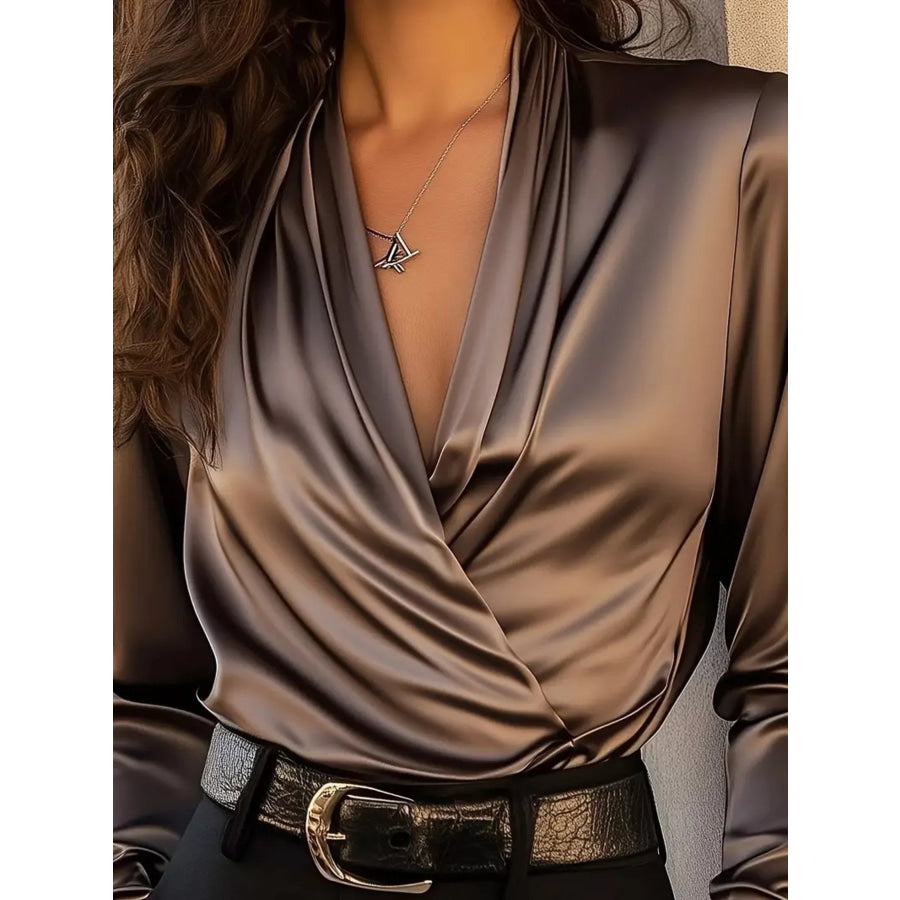 Satin Surplice Long Sleeve Blouse Apparel and Accessories