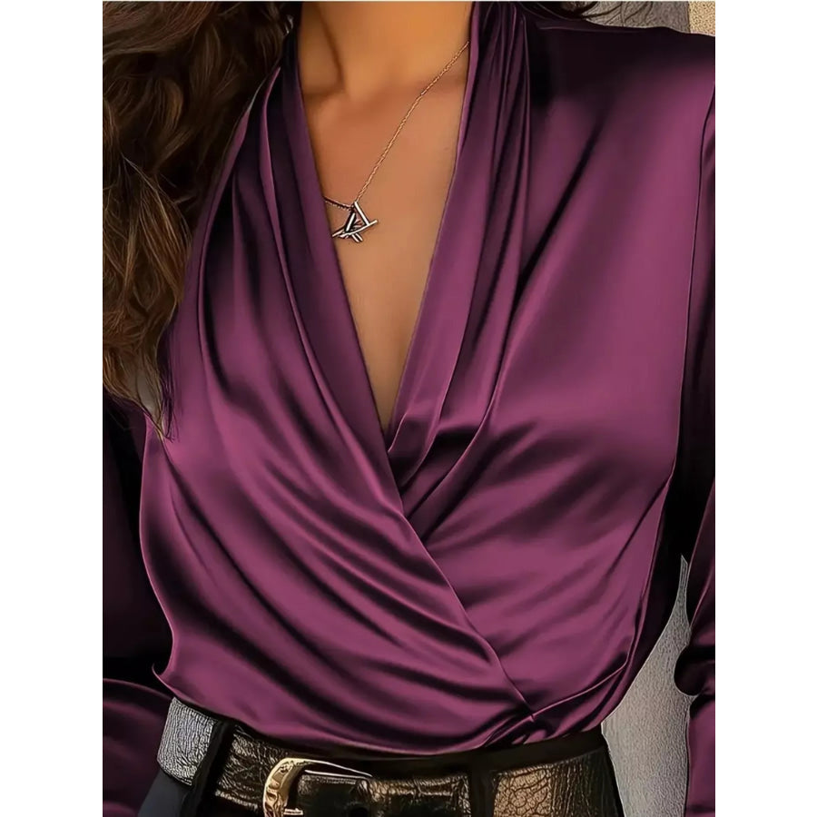 Satin Surplice Long Sleeve Blouse Apparel and Accessories
