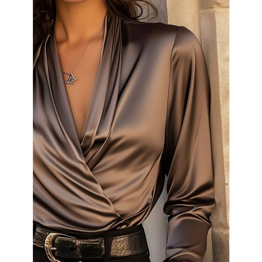 Satin Surplice Long Sleeve Blouse Apparel and Accessories