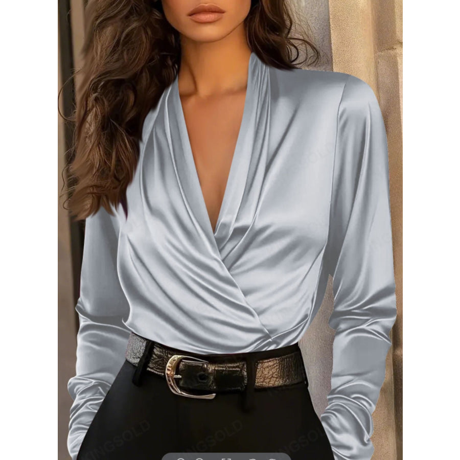 Satin Surplice Long Sleeve Blouse Light Gray / S Apparel and Accessories