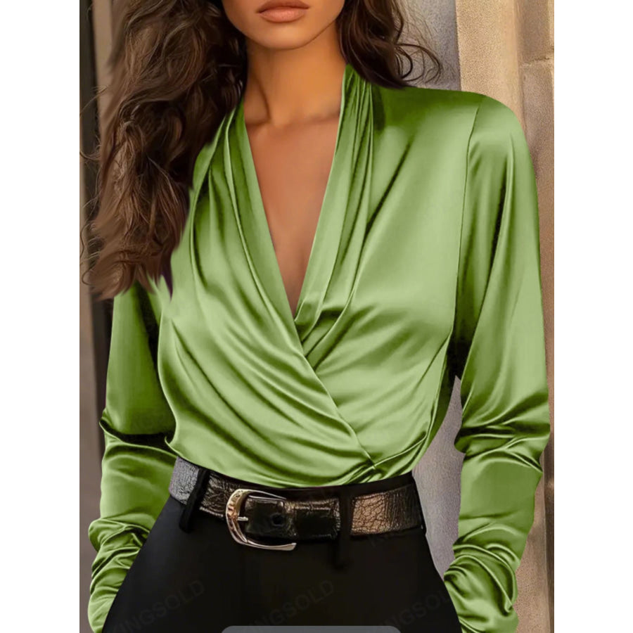 Satin Surplice Long Sleeve Blouse Lime / S Apparel and Accessories