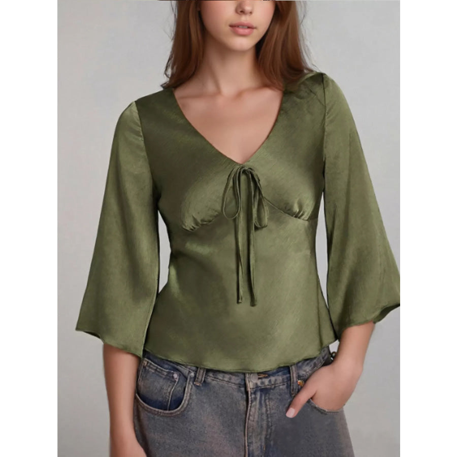 Satin Tie-Front Blouse Green / S Apparel and Accessories