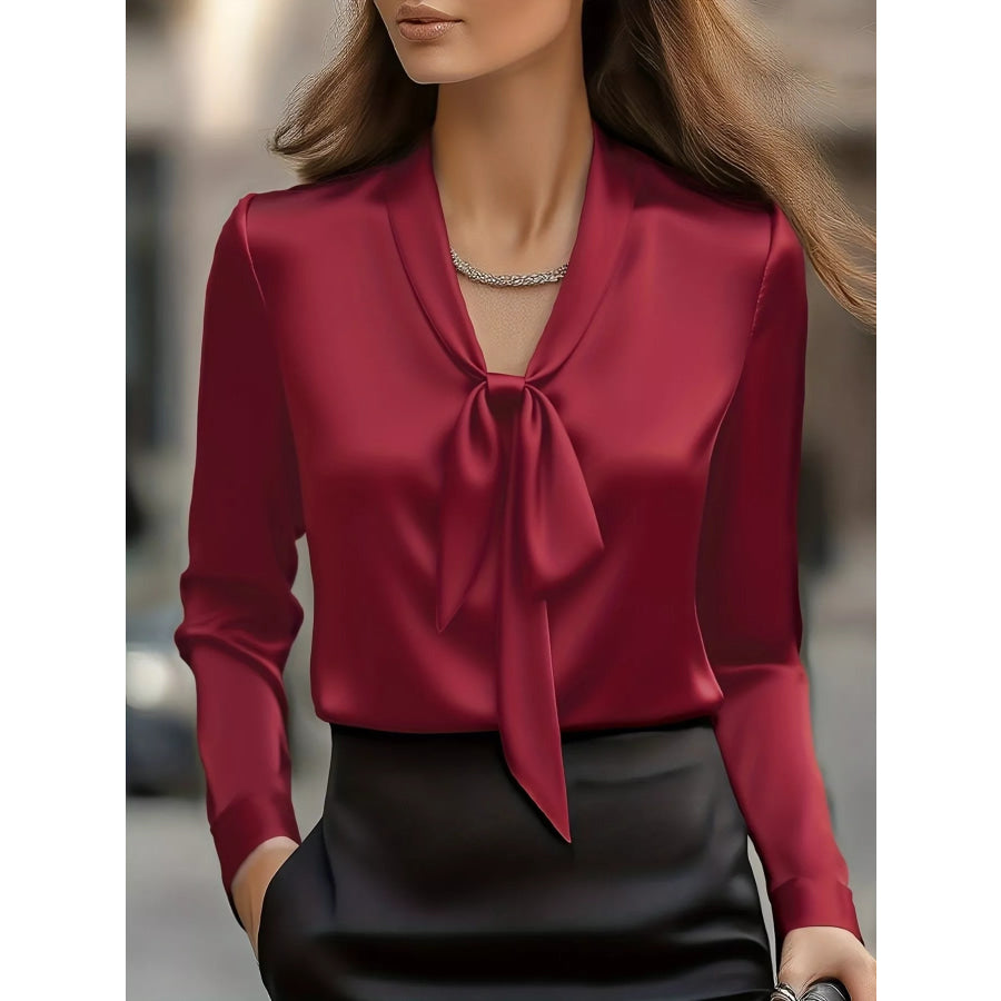 Satin Tie Front Long Sleeve Blouse Wine Red / S Apparel and Accessories