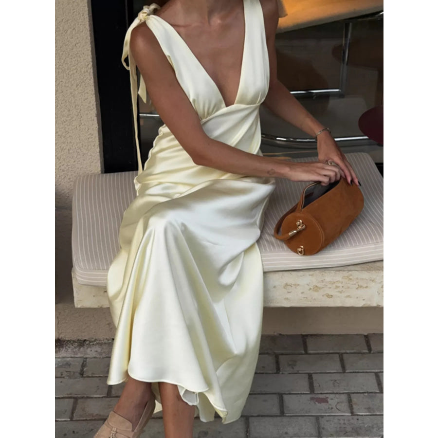 Satin Tie Shoulder Deep V-Neck Dress Apparel and Accessories