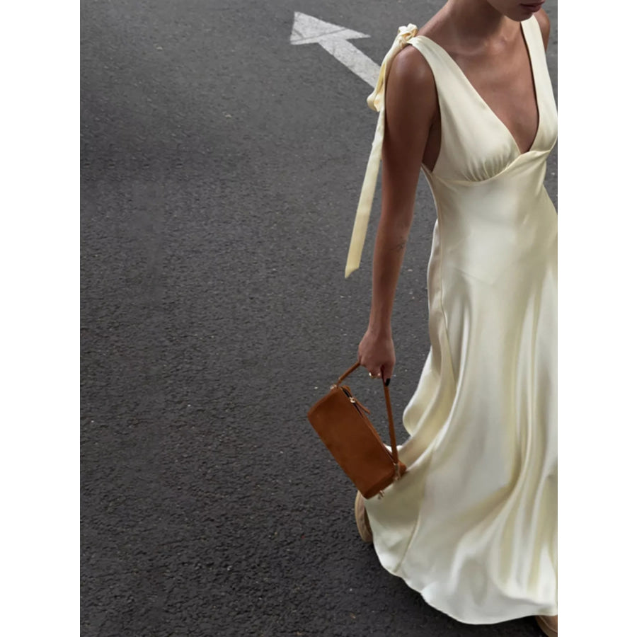 Satin Tie Shoulder Deep V-Neck Dress Apparel and Accessories