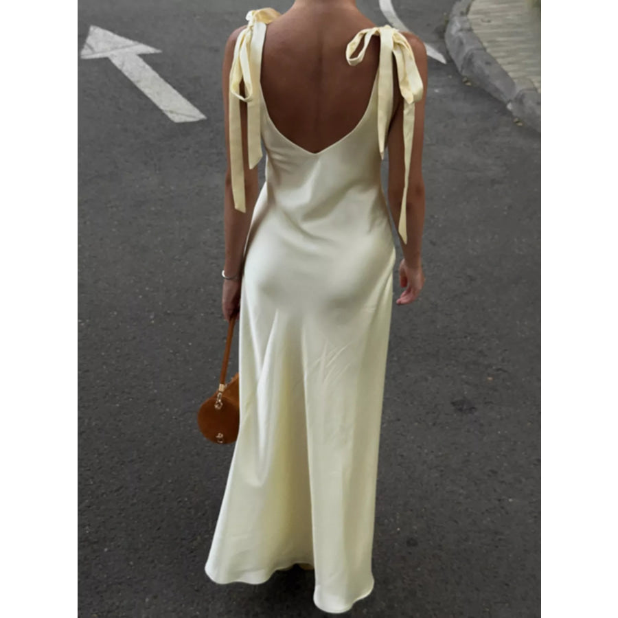 Satin Tie Shoulder Deep V-Neck Dress Apparel and Accessories