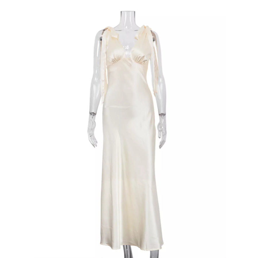 Satin Tie Shoulder Deep V-Neck Dress Apparel and Accessories