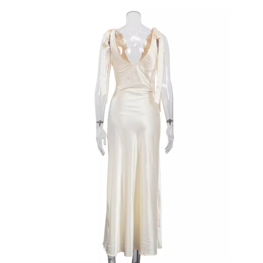 Satin Tie Shoulder Deep V-Neck Dress Apparel and Accessories