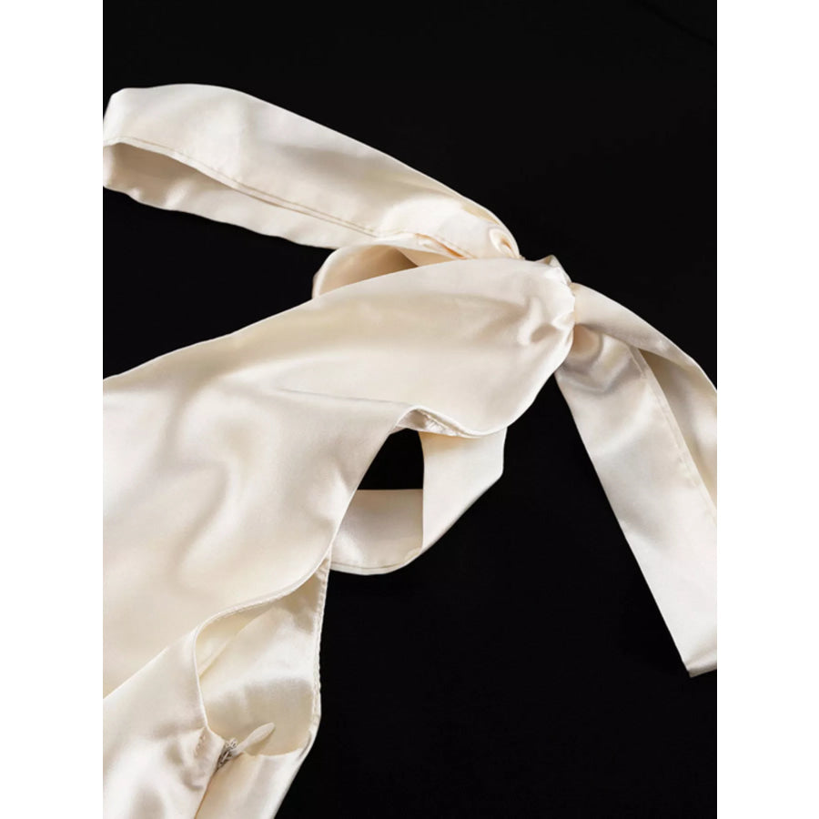 Satin Tie Shoulder Deep V-Neck Dress Apparel and Accessories