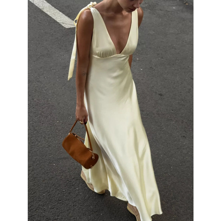 Satin Tie Shoulder Deep V-Neck Dress Apparel and Accessories