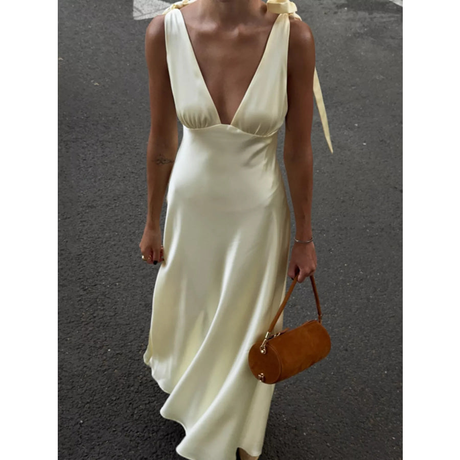 Satin Tie Shoulder Deep V-Neck Dress Beige / S Apparel and Accessories