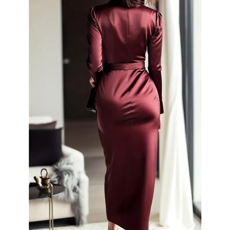 Satin Tie Waist Long Sleeve Dress Apparel and Accessories
