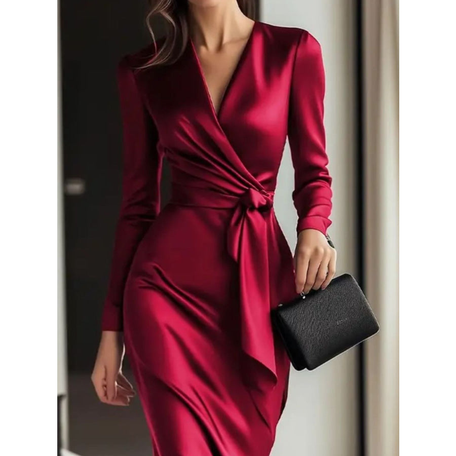 Satin Tie Waist Long Sleeve Dress Apparel and Accessories