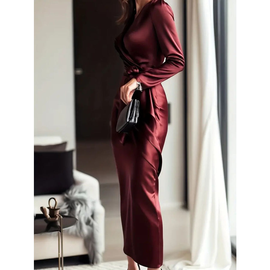 Satin Tie Waist Long Sleeve Dress Apparel and Accessories