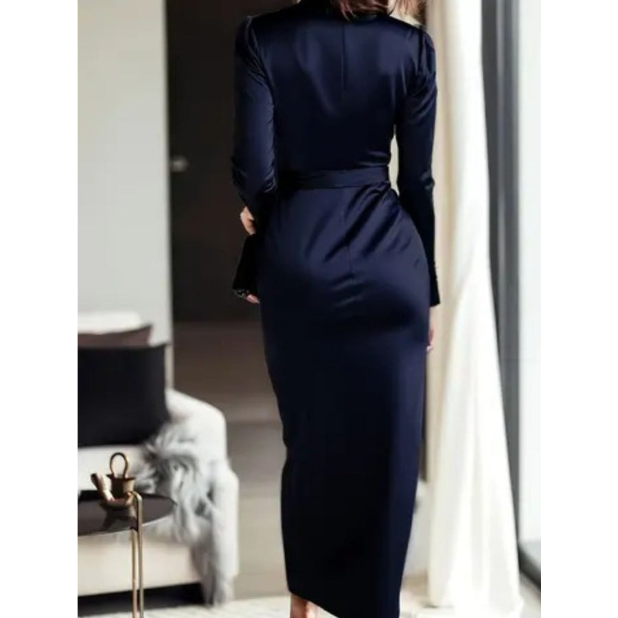 Satin Tie Waist Long Sleeve Dress Apparel and Accessories