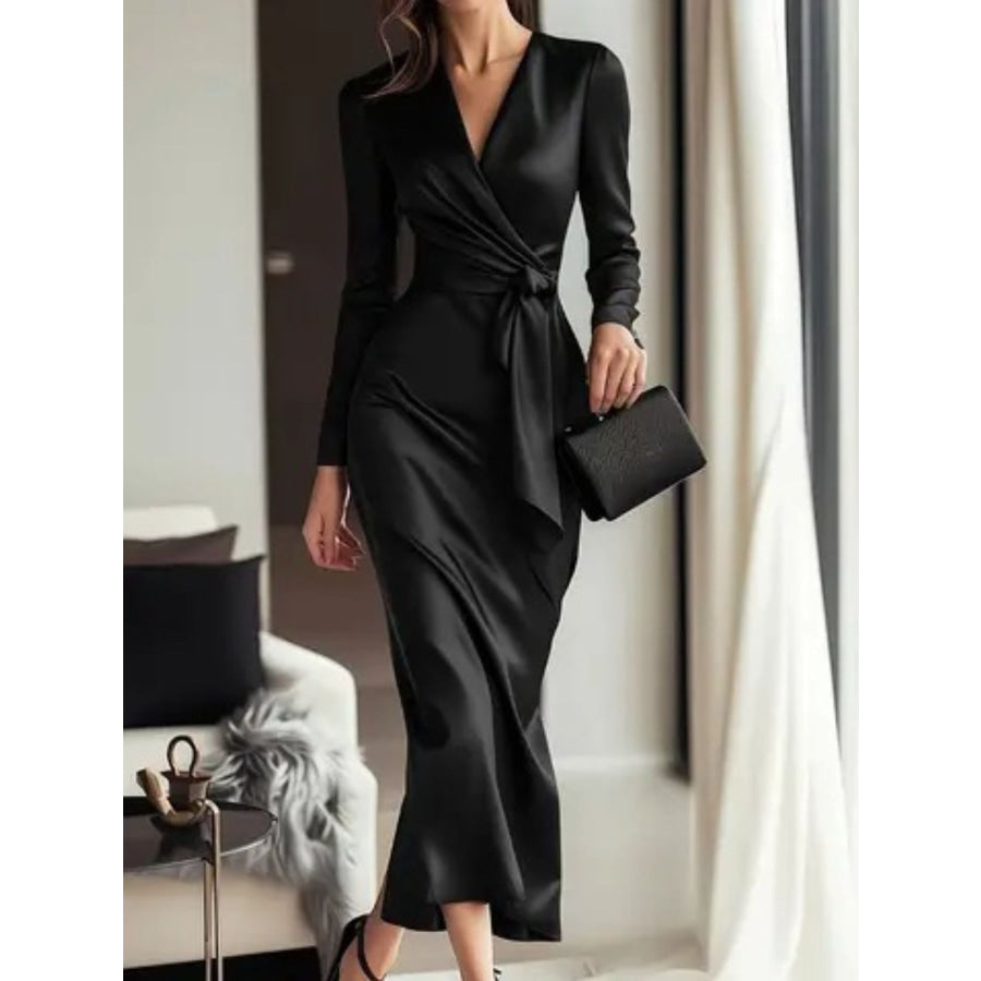 Satin Tie Waist Long Sleeve Dress Black / S Apparel and Accessories