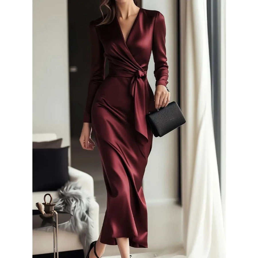 Satin Tie Waist Long Sleeve Dress Burgundy / S Apparel and Accessories