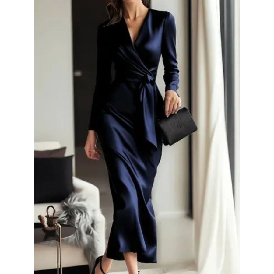 Satin Tie Waist Long Sleeve Dress Dark Blue / S Apparel and Accessories
