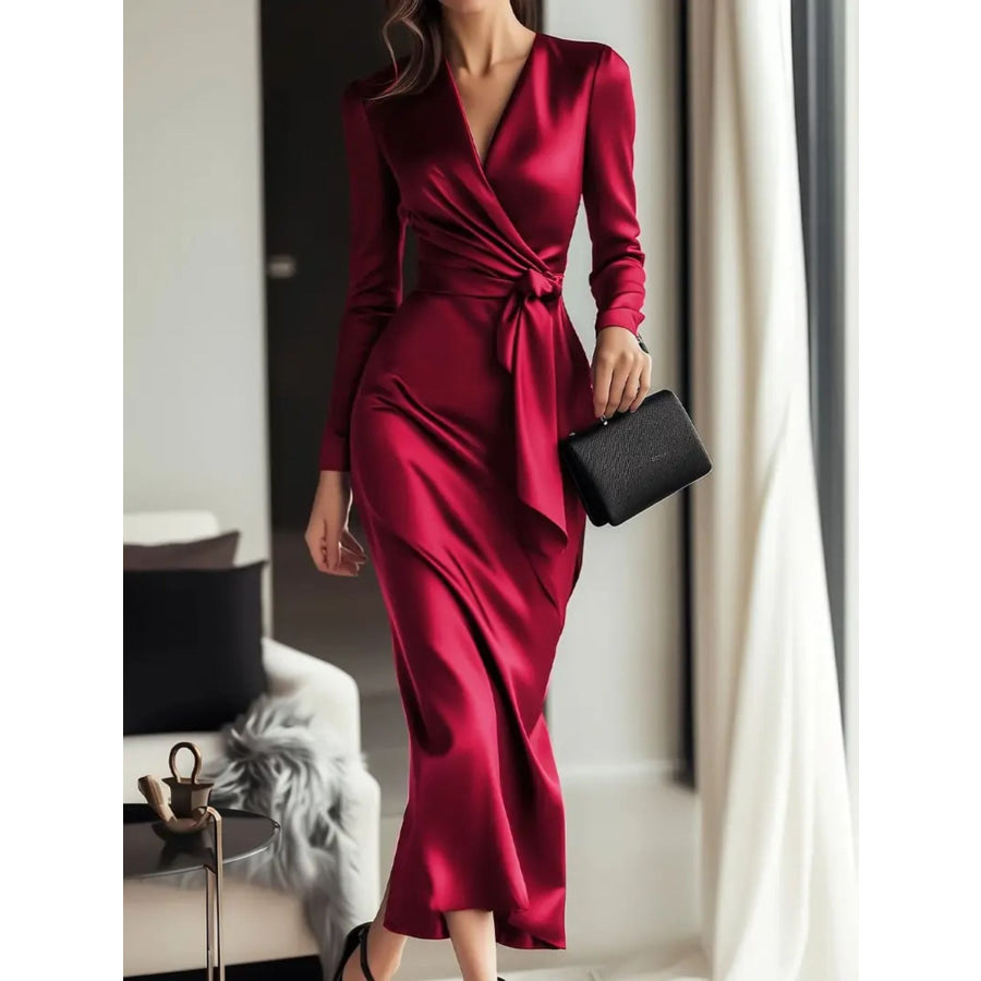 Satin Tie Waist Long Sleeve Dress Scarlet / S Apparel and Accessories