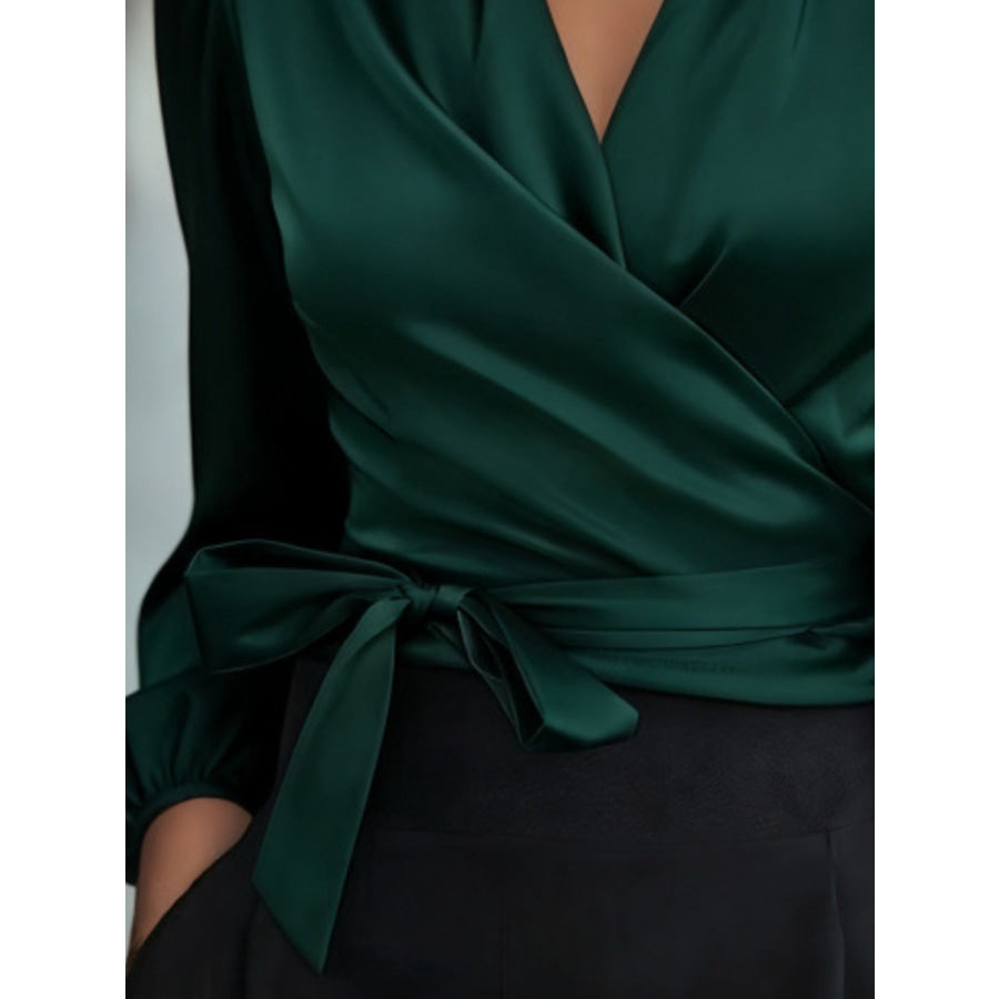 Satin Tie Waist Wrap Blouse Apparel and Accessories