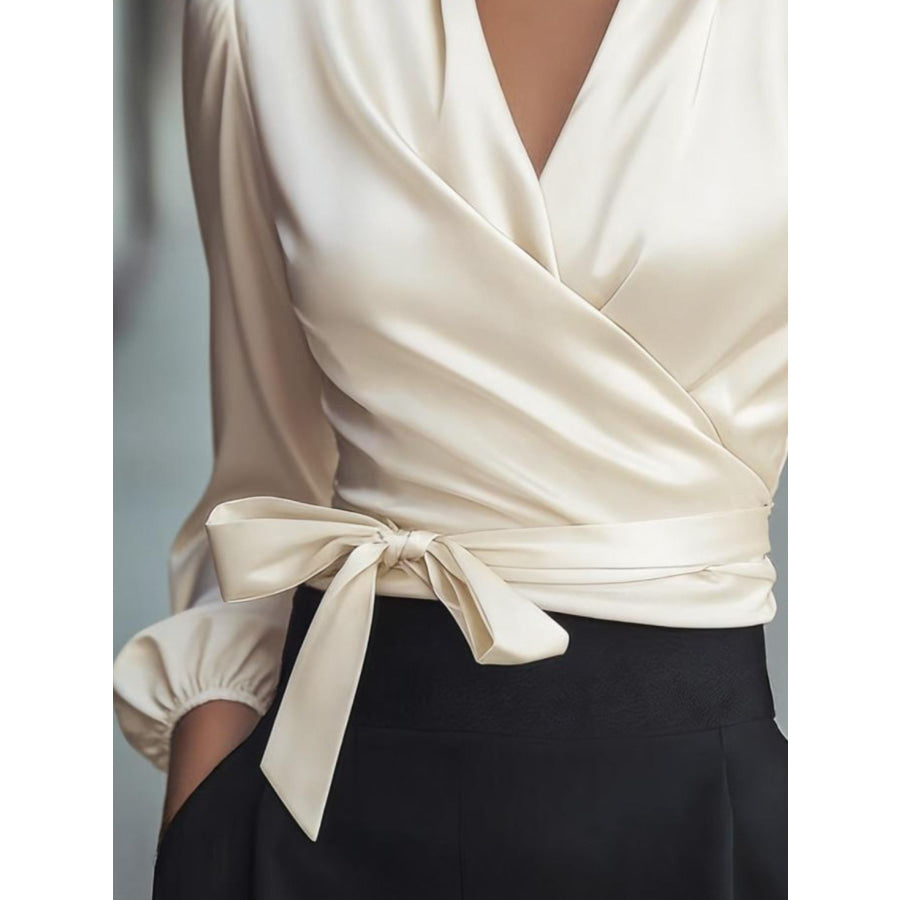 Satin Tie Waist Wrap Blouse Apparel and Accessories