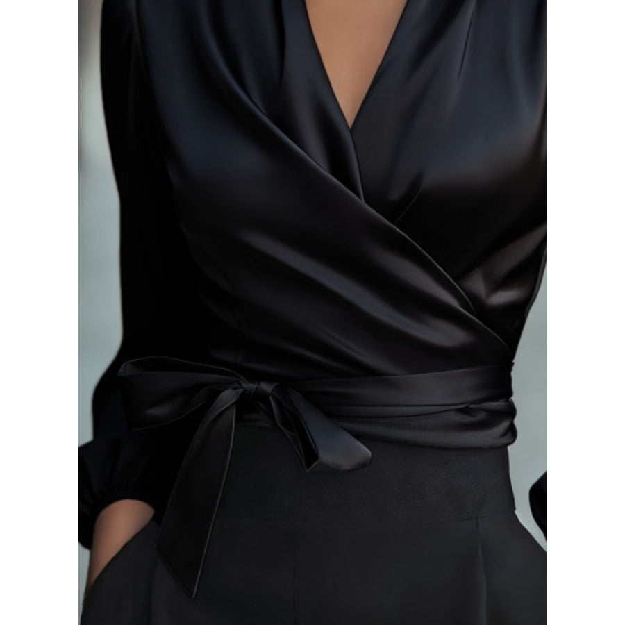 Satin Tie Waist Wrap Blouse Apparel and Accessories