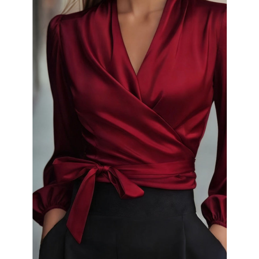 Satin Tie Waist Wrap Blouse Apparel and Accessories