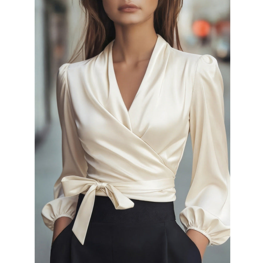 Satin Tie Waist Wrap Blouse Beige / S Apparel and Accessories
