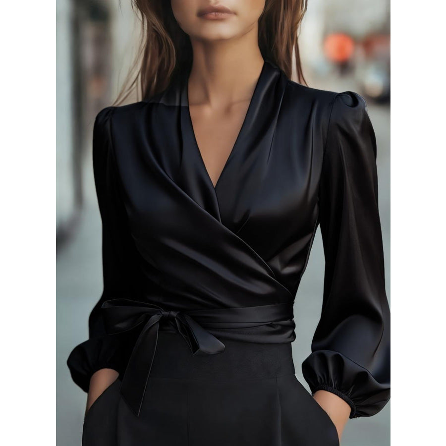 Satin Tie Waist Wrap Blouse Black / S Apparel and Accessories